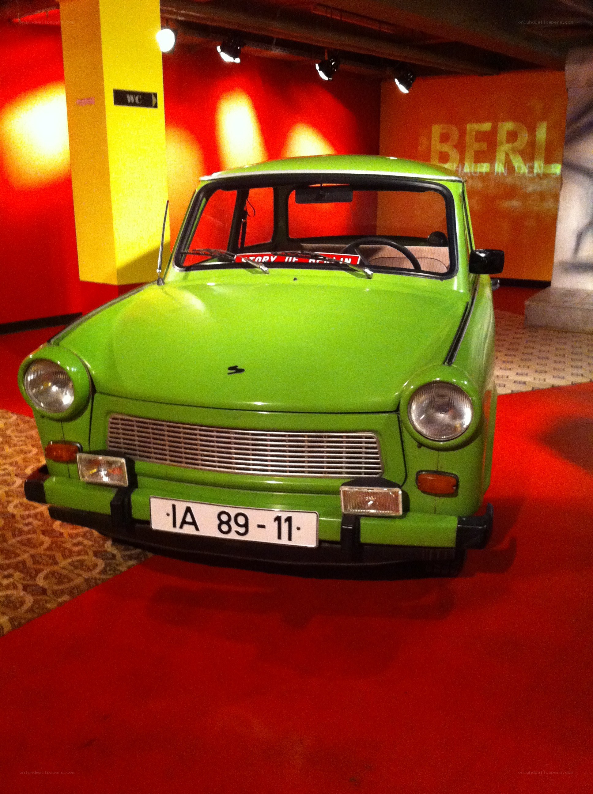 Green Trabant car on display