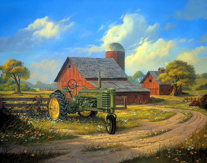 Green Tractor on Farm — Blue