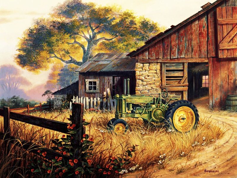 Green Tractor on Farm
