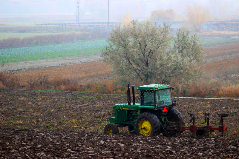 Green Tractor Plowing Field