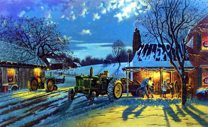 Green Tractors in Snow — Blue