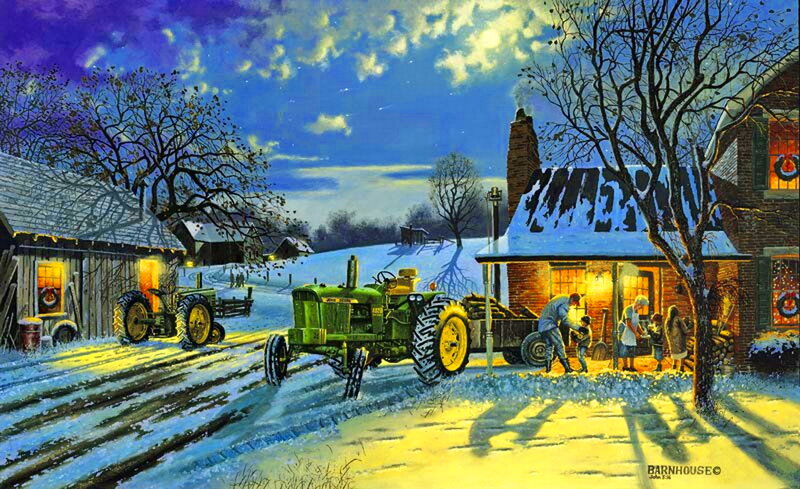 Green Tractors in Snow
