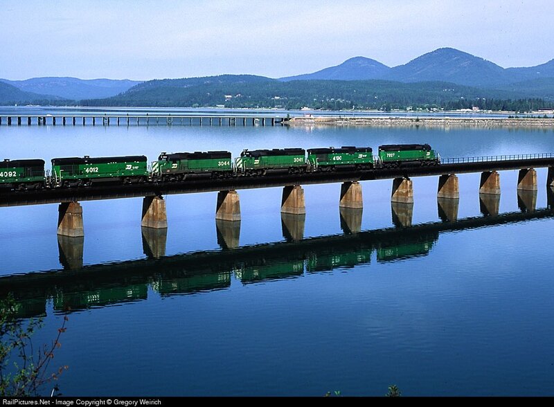 Green train on a bridge