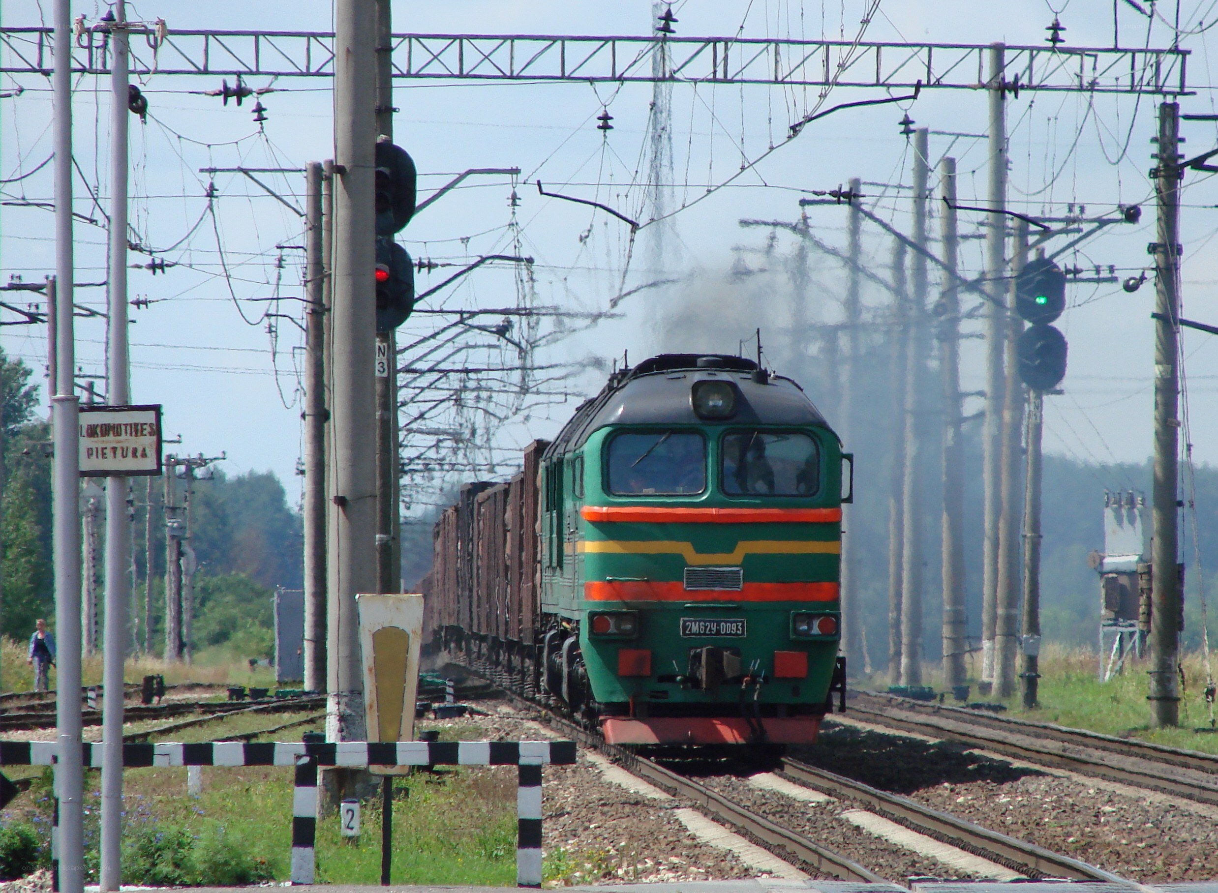 Green train on railway tracks