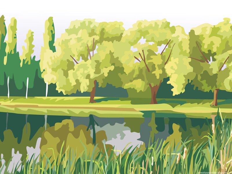 green trees by a pond