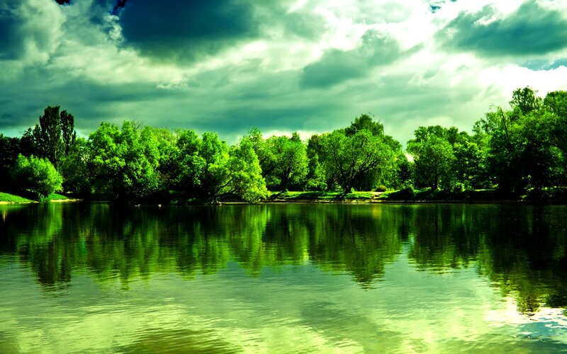 Green Trees by Lake — Dramatic, Afternoon, Photograph, Clouds
