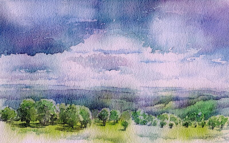 Green Trees in Field — Blue, Dramatic