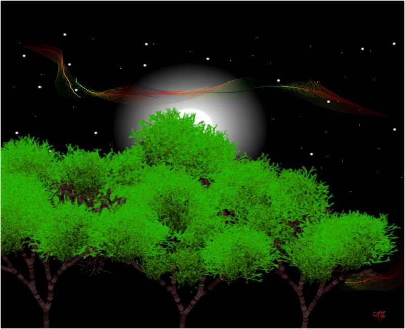 Green Trees under Moon