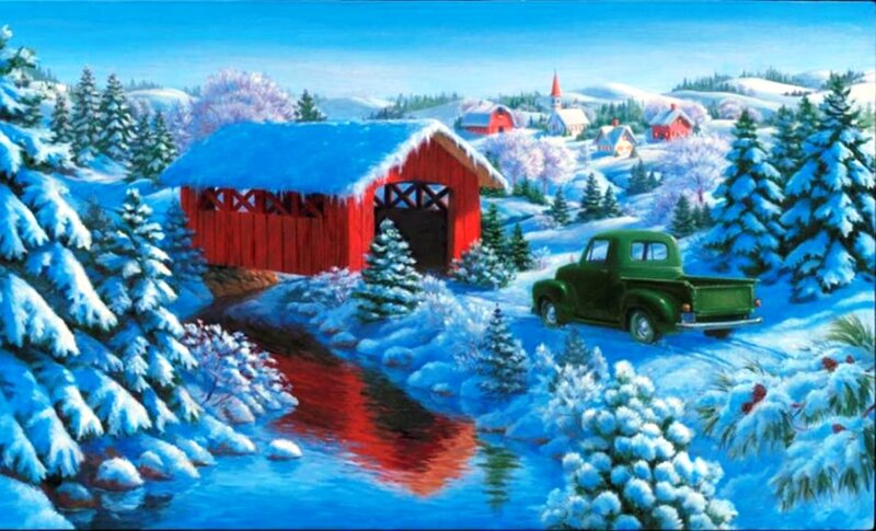 Green Truck Near Covered Bridge