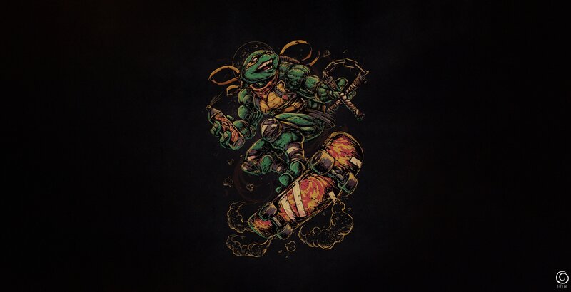 Green Turtle on Skateboard — Black