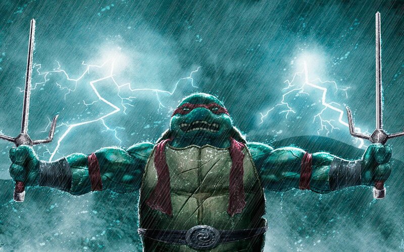 Green Turtle with Swords — Dramatic, Night