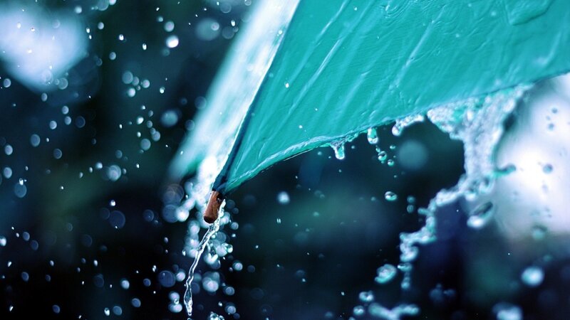 Green Umbrella in Rain — Teal, Dramatic, Photograph