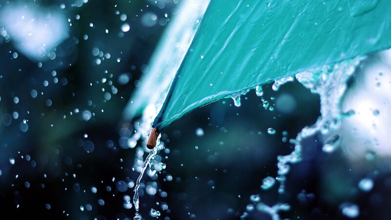 Green Umbrella in Rain — Teal, Dramatic