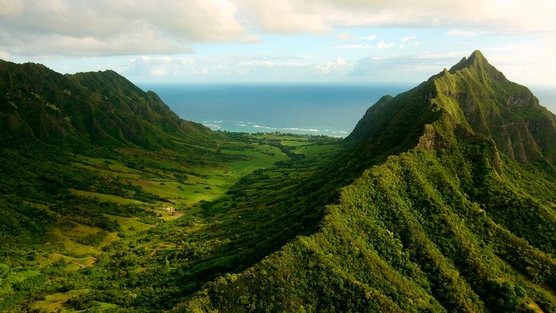 Green Valley Between Mountains — Serene, Afternoon, Photograph, Ocean