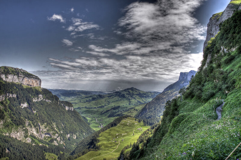 Green valley between rocky cliffs