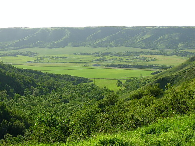Green Valley Landscape — Serene, Afternoon, Photograph, Hills, Fields, Trees, White