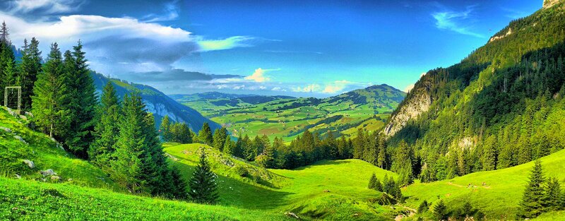 Green Valley Landscape — Serene, Afternoon, Photograph, Mountains, Forests, Sky