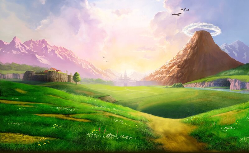 Green Valley Landscape — Serene, Sunset, Digital Art, Mountains