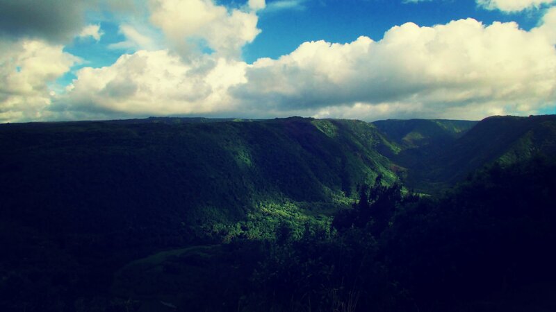 Green valley under cloudy sky