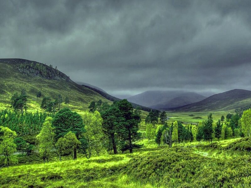 Green valley under stormy sky