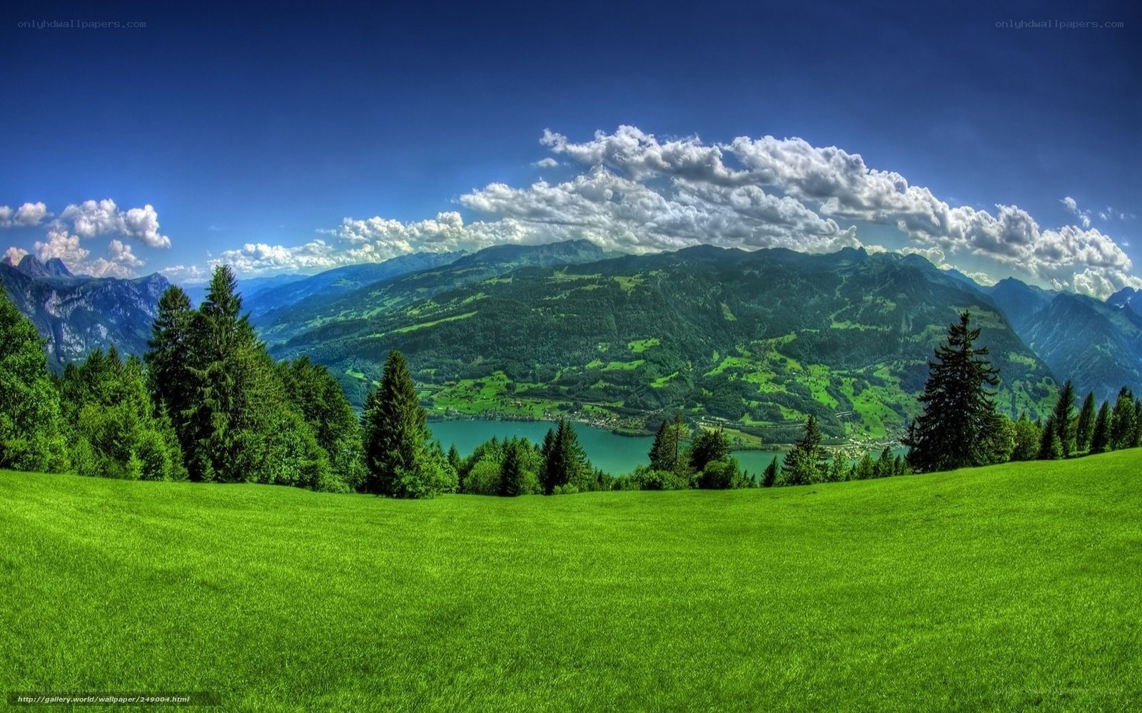 Green valley with lake and mountains