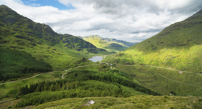 Green Valley with Lake — Serene, Afternoon, Photograph, Mountains, Road