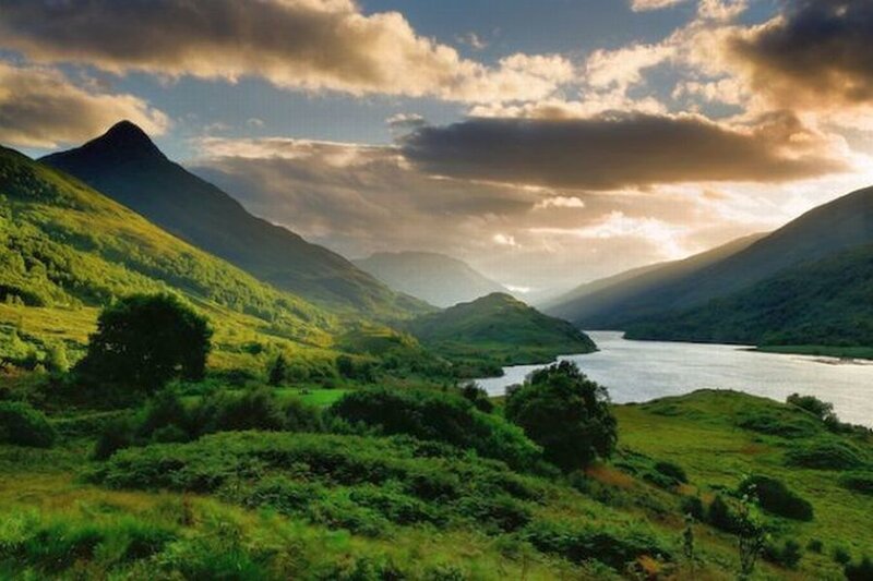 Green Valley with Lake — Serene, Sunset