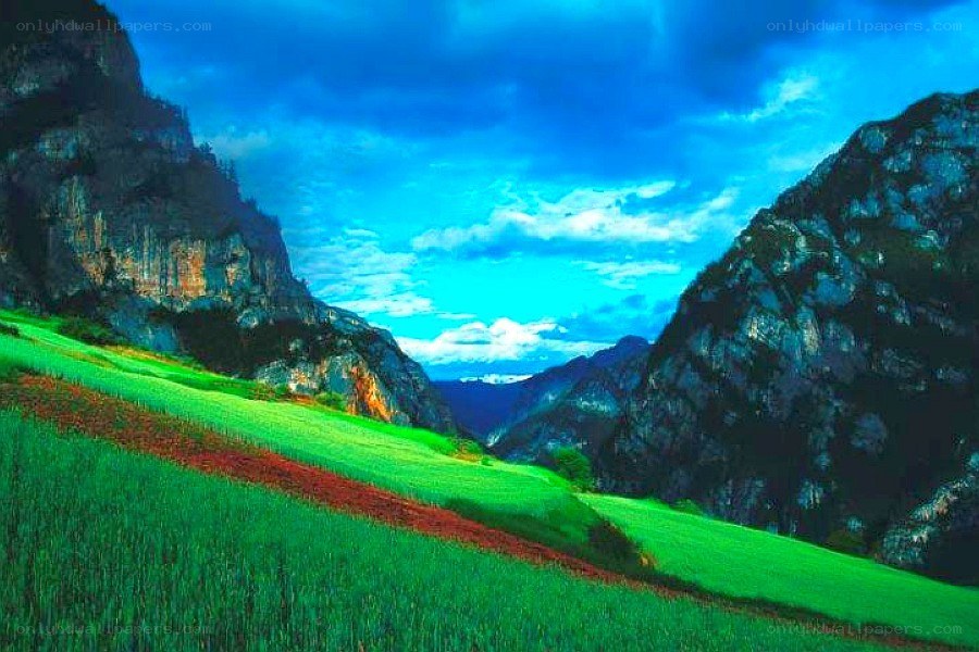 Green valley with mountains