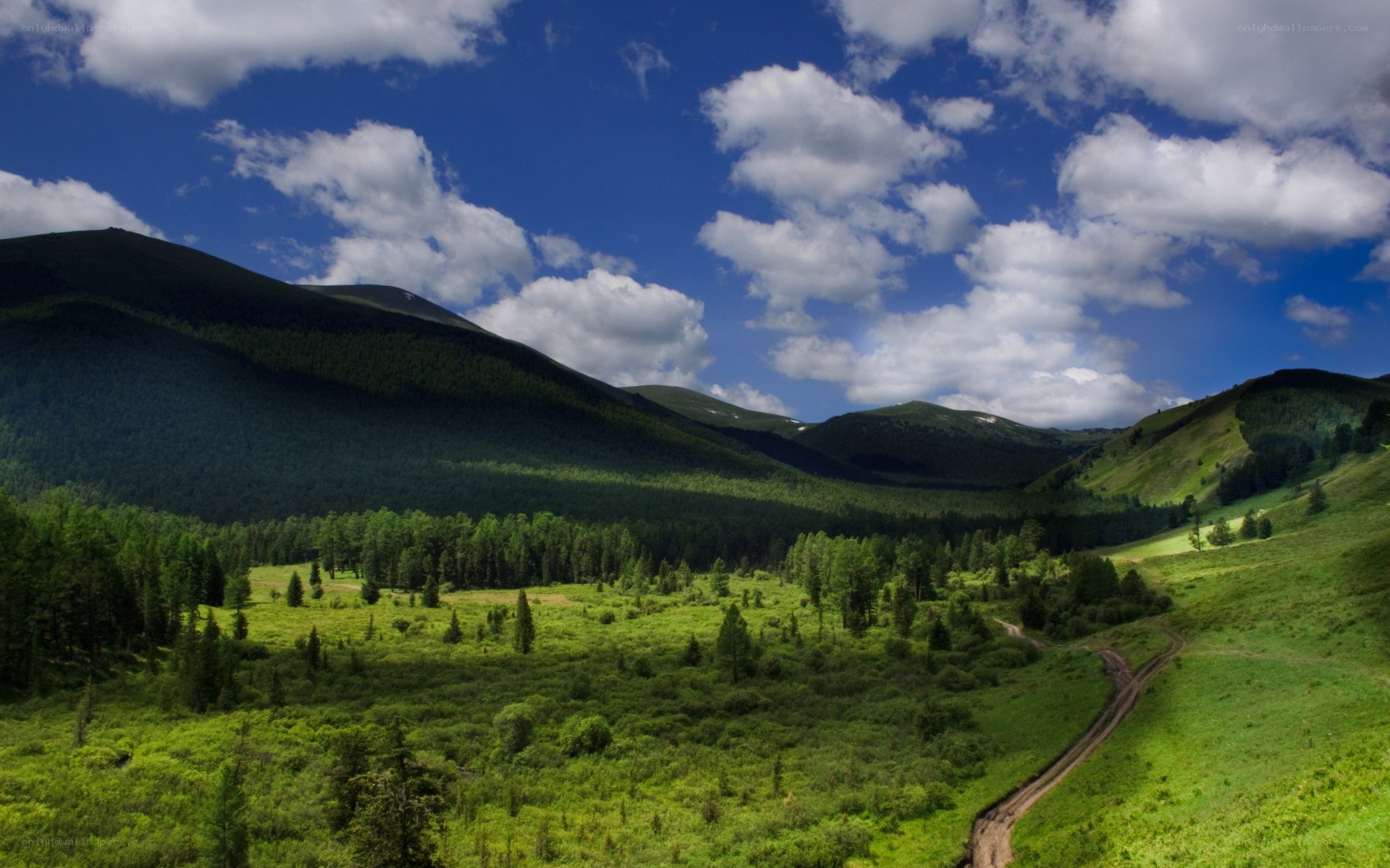 Green valley with mountains and clouds