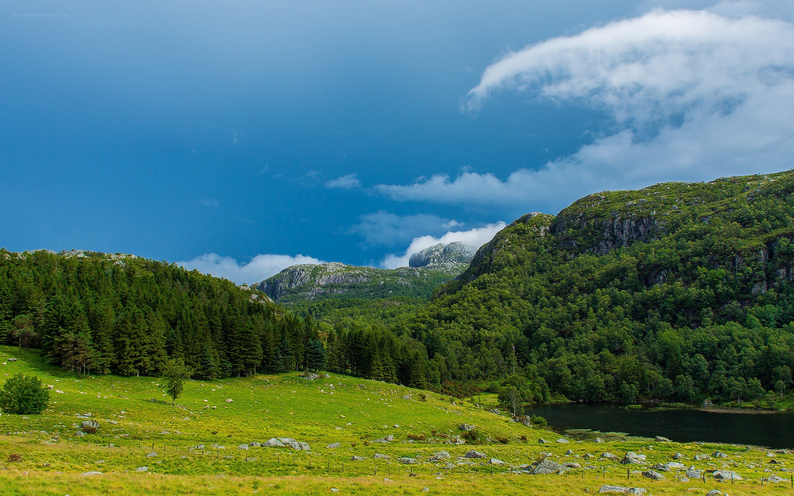 Green valley with mountains and lake