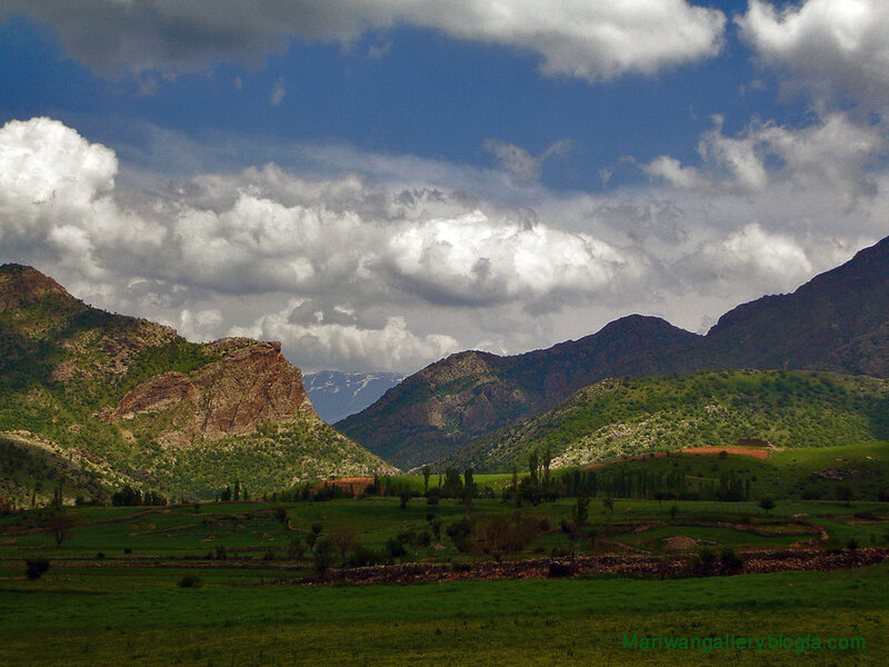 Green Valley with Mountains — Dramatic, Afternoon, Photograph, Clouds, Fields, Trees
