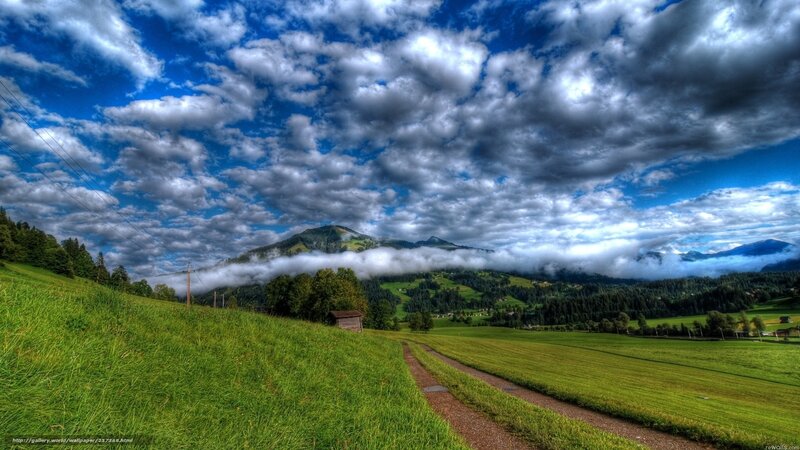Green Valley with Mountains — Dramatic, Afternoon, Photograph, Clouds, Path, Field