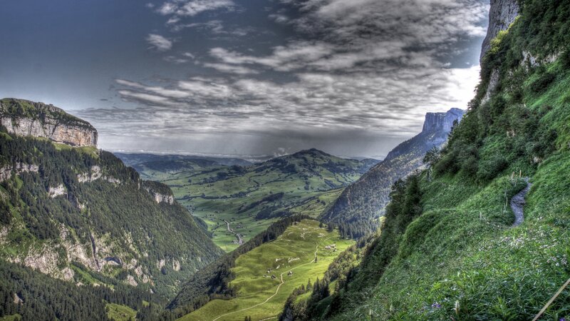 Green Valley with Mountains — Dramatic, Afternoon, Photograph, Clouds, Path
