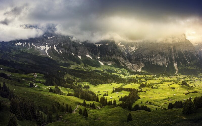 Green Valley with Mountains — Dramatic, Afternoon, Photograph, Clouds, Trees