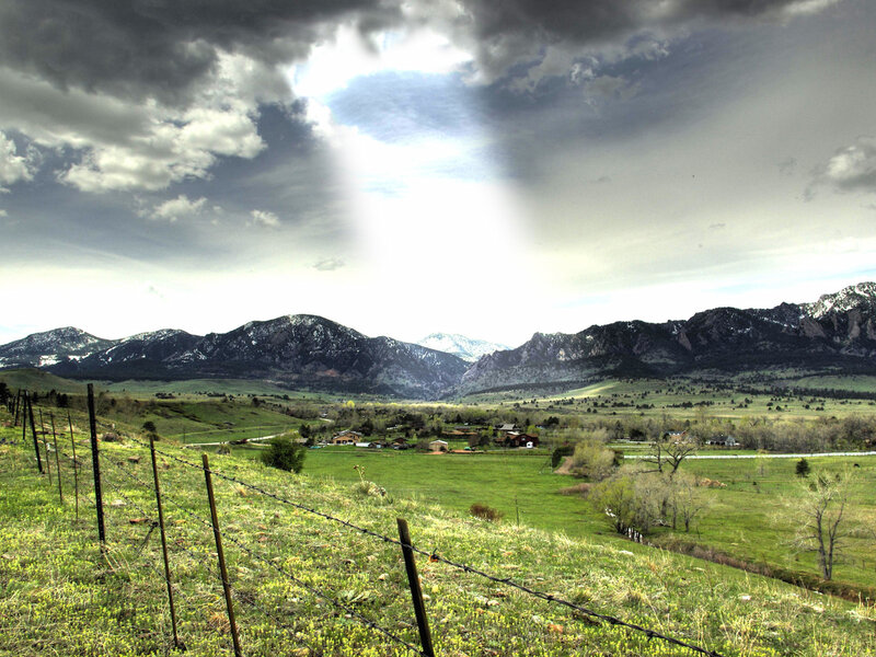 Green Valley with Mountains — Dramatic, Afternoon, Photograph, Fence, Clouds, Village