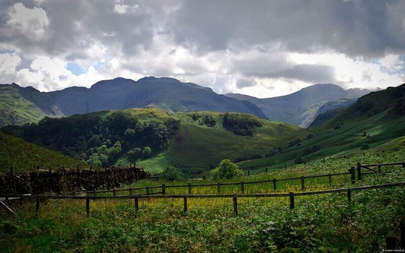Green Valley with Mountains — Dramatic, Afternoon, Photograph, Fences
