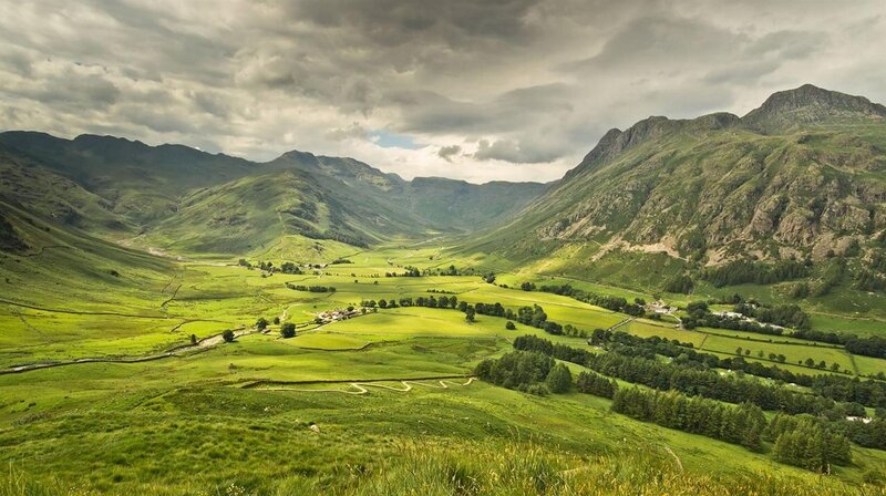 Green Valley with Mountains — Dramatic, Afternoon, Photograph, Fields