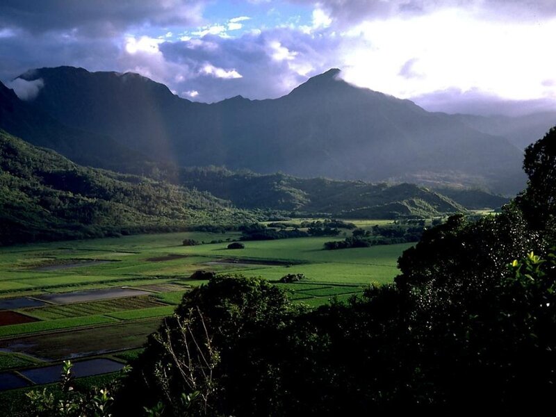 Green Valley with Mountains — Dramatic, Afternoon, Photograph, Fields, Trees, Blue