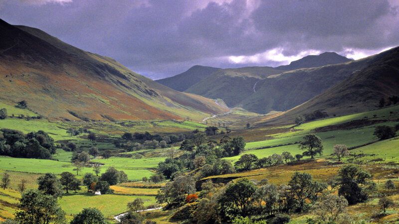Green Valley with Mountains — Dramatic, Afternoon, Photograph, River