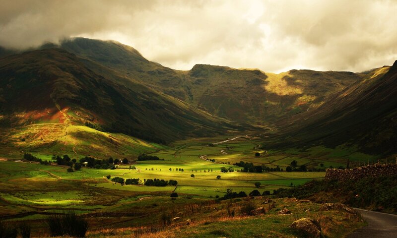 Green Valley with Mountains — Dramatic, Afternoon, Photograph, Road, Fields