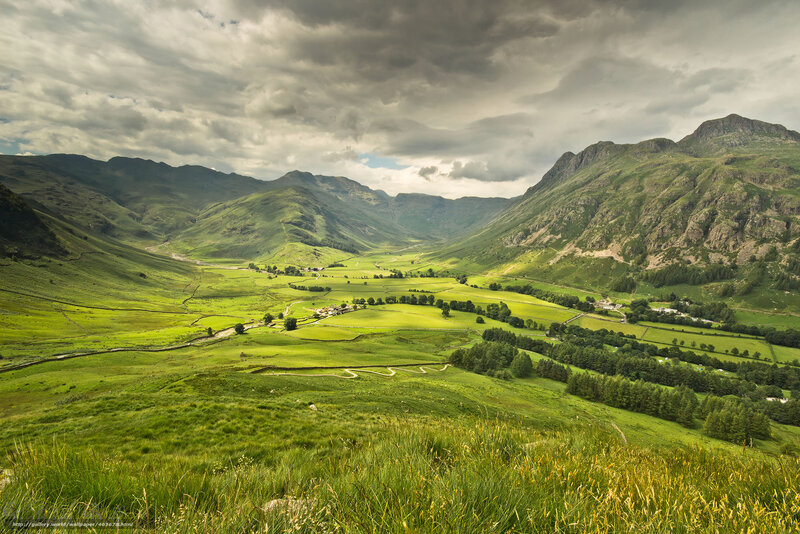 Green Valley with Mountains — Dramatic, Afternoon, Photograph, Village