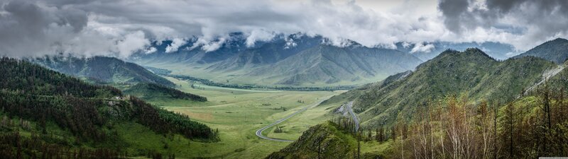 Green Valley with Mountains — Dramatic, Photograph, Road
