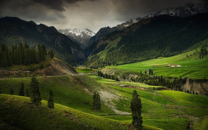Green Valley with Mountains — Dramatic, Photograph, Snow-capped Peaks