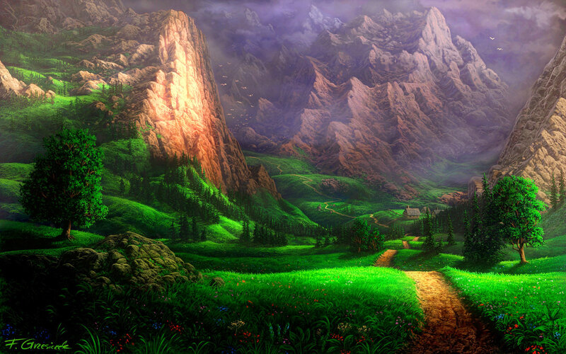 Green Valley with Mountains — Serene, Afternoon, Digital Art