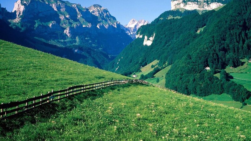 Green Valley with Mountains — Serene, Afternoon, Photograph, Fence, Trees