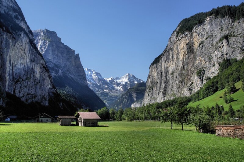 Green Valley with Mountains — Serene, Afternoon, Photograph, Huts, Trees, Snow