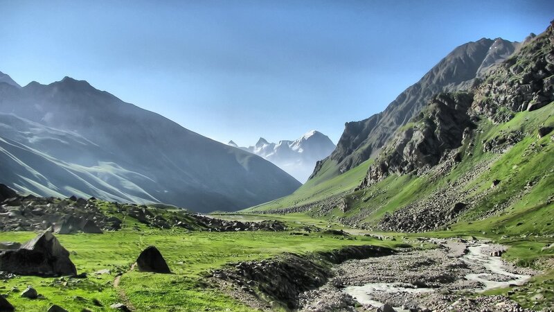 Green Valley with Mountains — Serene, Afternoon, Photograph, River, Grass