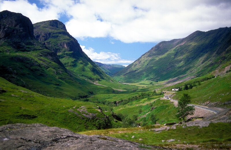 Green Valley with Mountains — Serene, Afternoon, Photograph, Road