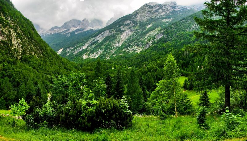 Green Valley with Mountains — Serene, Afternoon, Photograph, Trees, Clouds