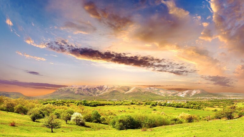 Green Valley with Mountains — Serene, Sunset, Photograph
